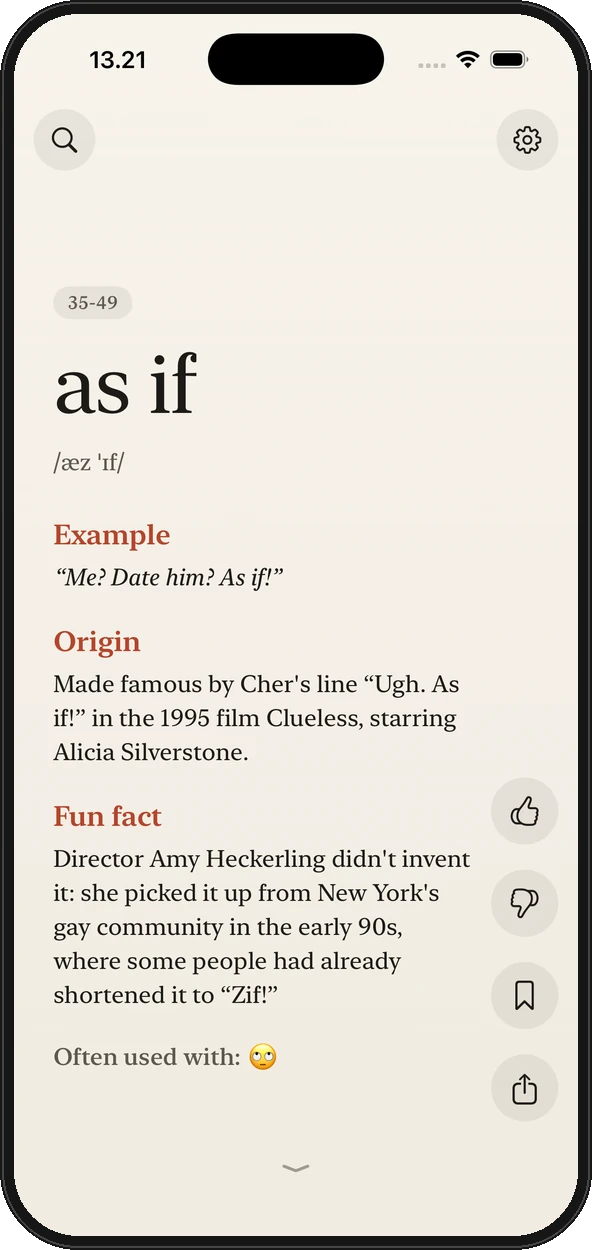 The back of the “as if” card, showing its example, origin from the film Clueless, fun fact and emoji