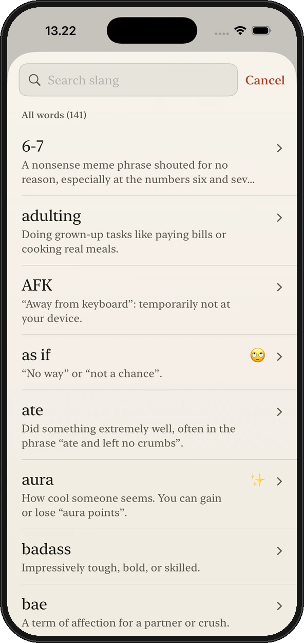 The search screen listing words with short meanings and emojis