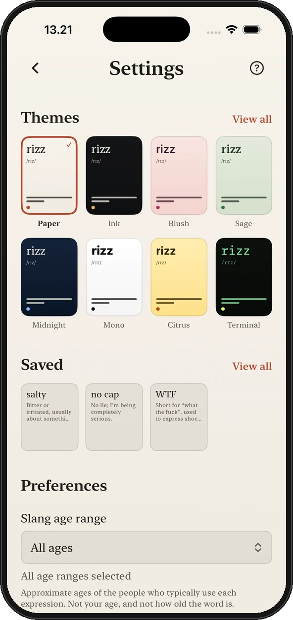 Settings with theme previews, saved words and preferences
