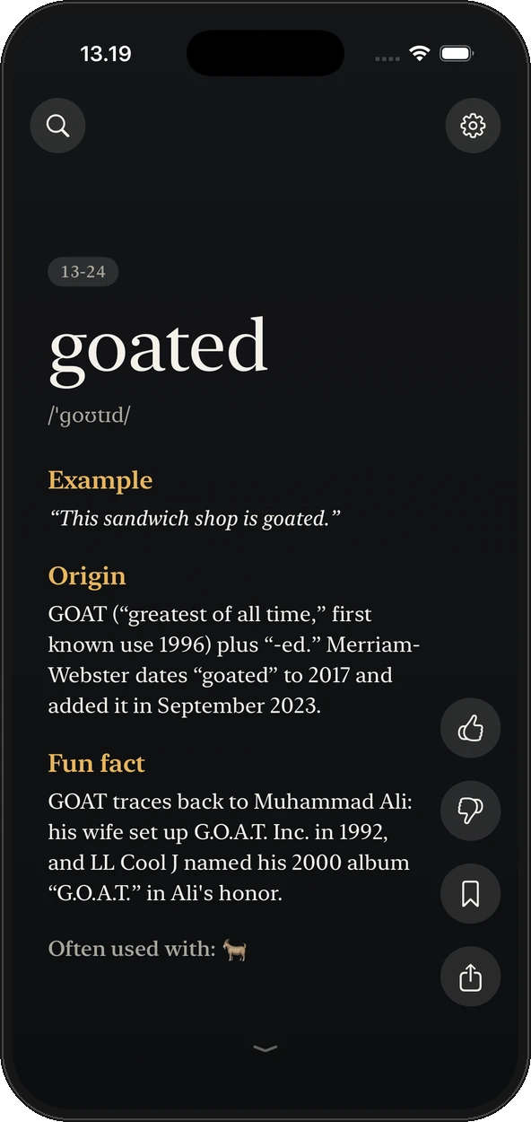 The back of the “goated” card in a dark theme, with an example, origin, fun fact and the goat emoji