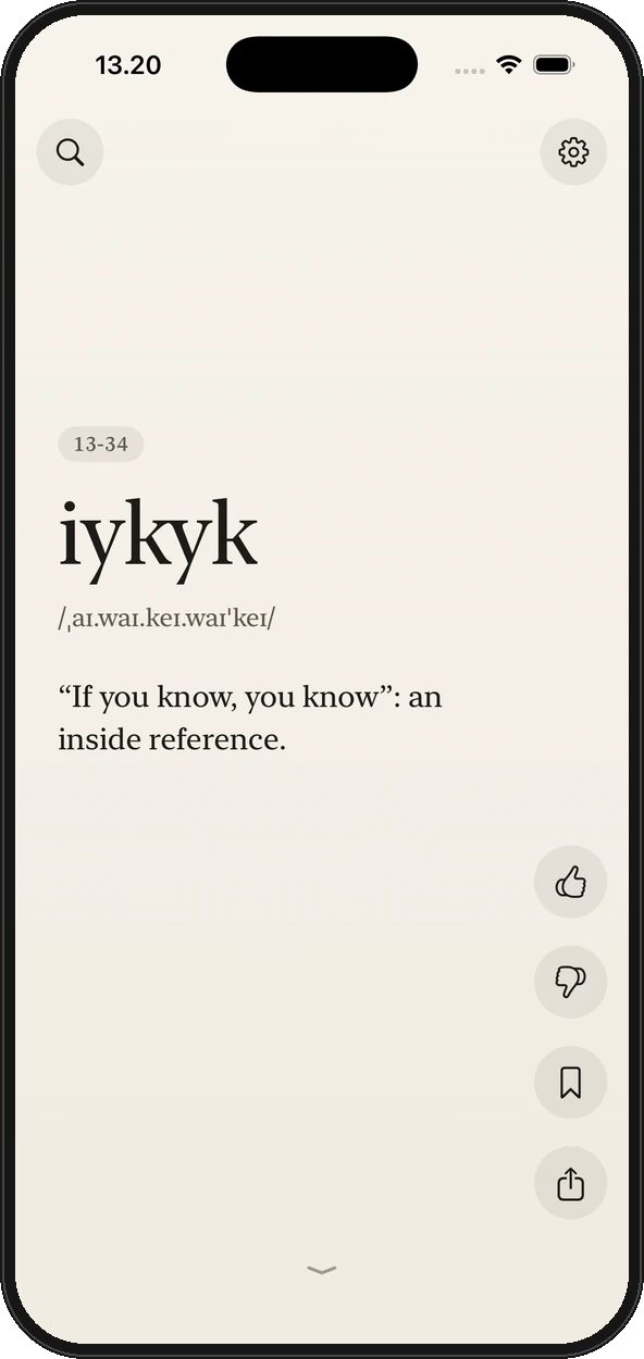 Lingo on an iPhone showing the word “iykyk”, its pronunciation and meaning, with search, settings, like, dislike, save and share buttons